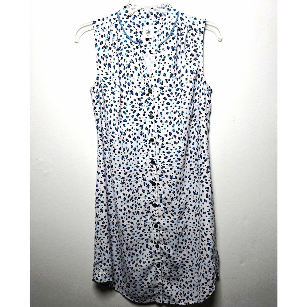 CAbi Blue Brown Print White Shirt Dress V-Neck Sleeveless Knee Length Chiffon XS
